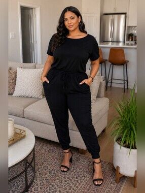 Plus Size Black Jogger Jumpsuit | Chic Soft Lounge One Piece 2X 3X